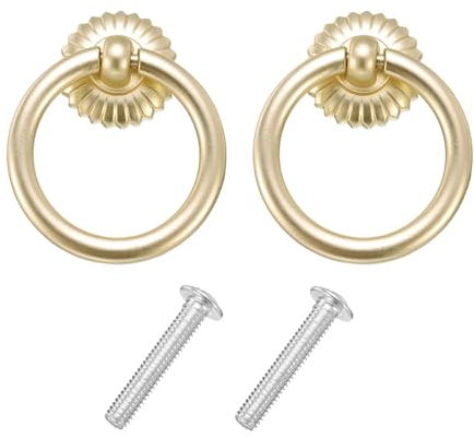 QUARKZMAN 2 Sets Vintage Drop Ring Knobs Retro Kommoden Griffe mit Schrauben aus Zinklegierung für Kommodenschubladen Möbel Schrank Gold Messing (45,5 mm/1,8 lang)