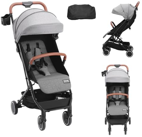 VEVOR Kinderwagen 71 x 44 x 107cm, mit 95°-175° verstellbarer Rückenlehne und 0/90° verstellbarer Fußstütze und Ein-Klick-Faltfunktion, Kinderbuggy mit Getränkehalter und Tragetasche, Dunkelgrau