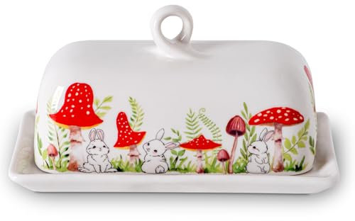 Mushroom Butter Dish With Lid For Countertop Ceramic Butterdish Mushroom Kitchen Decoration Cute Butter Holder Covered Red Mushroom Rabbit Painting Butter Container Large Mantequillera Butter Tray