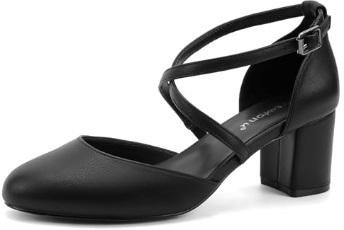 Greatonu Damen Pumps Riemchenpumps Spangenpumps Sandale mit Kreuz Knöchelriemen Blockabsatz Geschlossener Spitze Glitzer Pumps - Perfekt für Hochzeiten und Partys Schwarz Kunstleder 42 EU