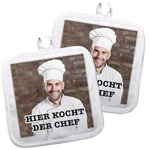 Topflappen-Set personalisiert (Chefköchin) | mit Wunschfoto Bedruckt | Geschenkidee für Männer und Frauen |17 x 17 cm | Hobbykoch | mit Aufhänger