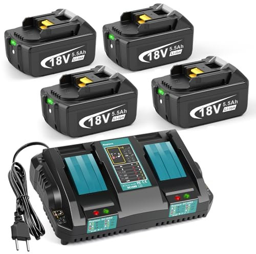 4 Stück 5.5Ah Akku und 2 Ports Ladegerät für Makita LXT, ASUNCELL 18V DC18RC Schnellladegerät Set Kompatibel mit Allen Makita 14.4V-18V Li-Ionen Akkus BL1815 BL1830 BL1850 BL1430
