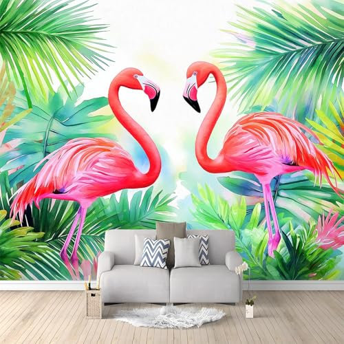 Papier Peint Panoramique 3D Peinture À L'Aquarelle Plantes Flamant Rose Intissé Décoration Murale pour Salon Chambre, Violet Poster Décoration Fond De Mur Tv Papier Peint Murales 250 x 175 cm