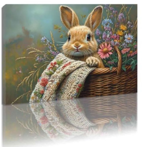 ZQQART Hasenbild Leinwandbild Wanddekoration Frühling Ostern Drucke Vintage Kaninchen im Blumenkorb Gemälde für Küche Wohnzimmer Rahmen (Braun,30x45cm)