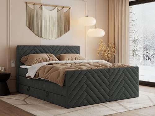 MKS MEBLE Boxspringbett Paris King Duo 200x200 cm mit Bettkasten Stauraum, Doppelbett mit Kopfteil und Fußteil, 7-Zonen Taschenfederkern Matratze H3 mit Topper T25 - Dunkelgrau Struktur