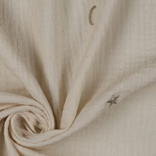 Musselin Stoff Double Gauze mit Stickerei STARS – 100% Baumwolle – 135 cm breit – 135 g/m² – 7 Farben – Meterware ab 50 cm – Baby Stoff für Kleidung Betthimmel Gardinen (natural)