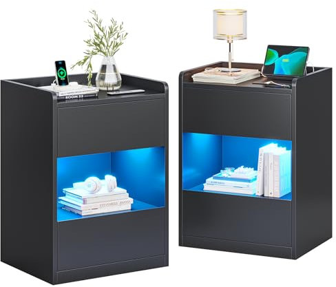 AOGLLATI Nachttisch mit LED-Beleuchtung und Ladestation, Nachtschrank mit 2 Schubladen und 1 Fach Beistelltisch mit Steckdosen Sofatisch für Schlafzimmer, Wohnzimmer 40x35x60cm (2, Schwarz)