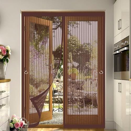 Magnet Fliegengitter Tür 98 x 195 cm Fliegengitter Tür Ohne Bohren Magnetvorhang Insektenschutz Langlebige Kratzfest Insektenschutz für Wohnzimmer, Schiebetür, Flur, Braun