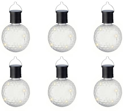 Lumineo Lot de 6 lampes solaires de jardin - 8 x 11 cm - En plastique - Pour jardin, balcon - Boule suspendue - Lampes solaires pour l'extérieur - Décoration de jardin - Blanc chaud