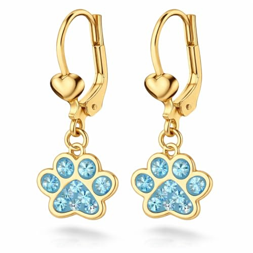 FIVE-D Ohrringe Pfote Tatze Hund 925 Sterling Silber gold Kinder Damen Mächen (Ohrhänger-Goldblau)