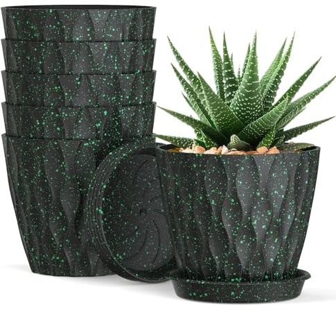 Homeuouz 6er Set Blumentöpfe 10cm – Waffelmuster mit Untersetzer, Plastik mit Löchern, für Sukkulenten, Innen & Outdoor, für Balkon & Garten, Schwarze Sprenkel