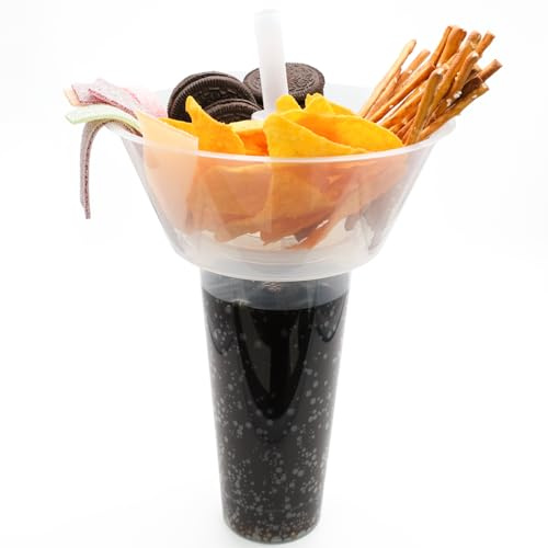 Snack Becher 2-in-1 mit Mehrweg Snackschale & Trinkbecher 500ml - Partybecher mit Strohhalm für Chips, Popcorn, Süßigkeiten, Obst und vieles mehr- Praktischer To-Go Cup für unterwegs Auto & Kino