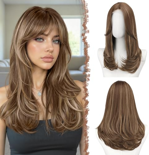 FESHFEN Lace Front Perücke Damen, Kunsthaar Perücken Pony, Braun Gemischt | 45 cm Natürliche Synthetik Haarperücke Braun Highlight Blond, Gesichtsrahmender Stufenschnitt, für Tägliche Karneval Cosplay