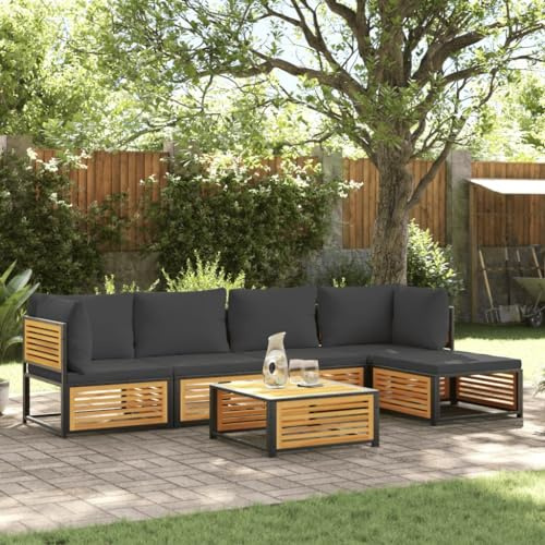 Runheo 6-TLG. Garten-Sofagarnitur aus massivem Akazienholz, pulverbeschichtetem Stahl, mit Kissen, für Terrasse, Balkon, Outdoor-Möbel, Bequeme Patio-Sitzgruppe