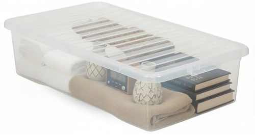 PD - Set of 1 43L Clear Under Bed Storage Box with Lid - Plastic Stackable & Nestable Slim Container - Strong Lightweight Space Saving Solution - Multipurpose Organiser for Home Storage