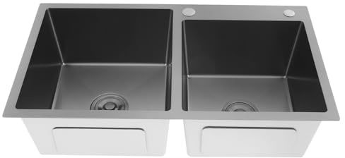 80x45x22cm Doppelbecken Spüle Arbeitsplatte/Einbau-Spülbecken 2 Becken Edelstahl Küchenspüle mit Siphon Set und Filter Edelstahl-Waschtisch Spülbecken für Küche,leicht zu reinigendes (Schwarz)
