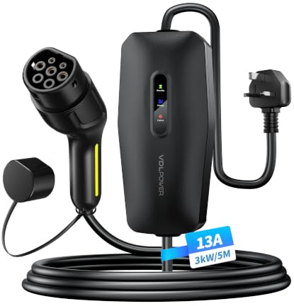 VDLPOWERVP EV Charger Type 2 to 3 Pin Plug, 13A 230V Portable EV Car Charger with 5M Cable, LED Status Indicators, IP65 Waterproof Electric Vehicle Charging Cable for EVs & PHEVs