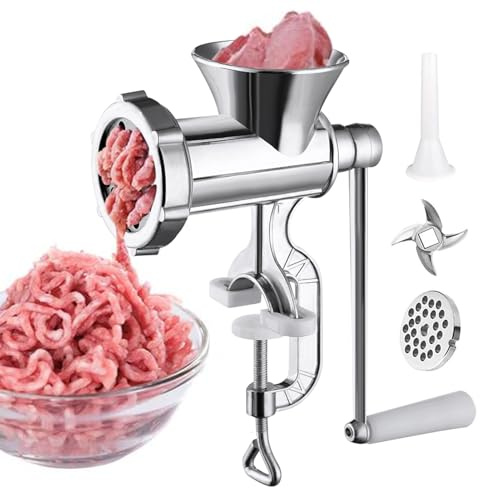 Hachoir à viande 3 en 1 – Moulin à viande manuel avec poignée robuste | Appareil de cuisine polyvalent pour viande hachée, fabrication de saucisses, préparation de pâte et de sauces, compact,