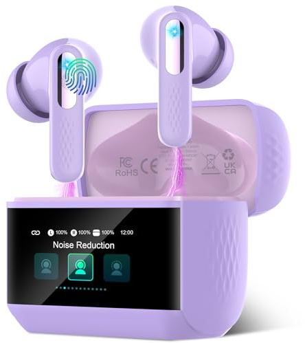 Wireless Earbuds, 5 EQ Modes Bluetooth 5.4 Headphones In Ear with ANC/ENC Noise Cancelling, 2026 HiFi Stereo Bluetooth Ear buds with Smart Touchscreen, IP7 Waterproof Bluetooth Earphones, Purple