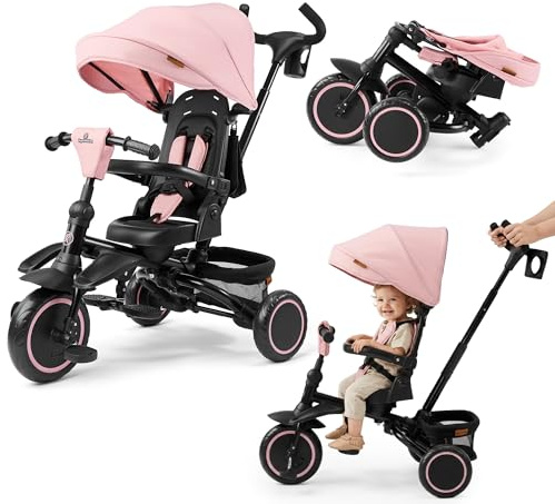 HyperMotion TOBI Timber Dreirad Kinder Rosa 1–5 Jahre, Faltbar, 360° Drehbarer Sitz, Freilauf, Verstellbare Schiebestange, Sonnendach, Eva-Räder, Kinderdreirad