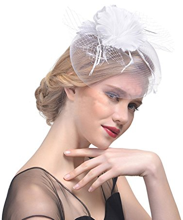 JINTN Damen Feder Fascinator Hut mit Haar Clip, Patei Blumen Mesh Bänder Kopfschmuck, Party Headwear Haarschmuck, Hochzeit Hut Stirnband Kopfbedeckung für Party Kirche Hochzeit, Weiß, Einheitsgröße