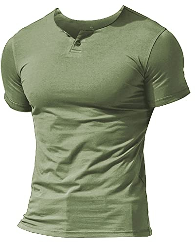 Men Summer Casual Short Sleeve Henleys T-Shirt Single Button Placket Plain v Neck Shirts Cotton Style A Lime Green S