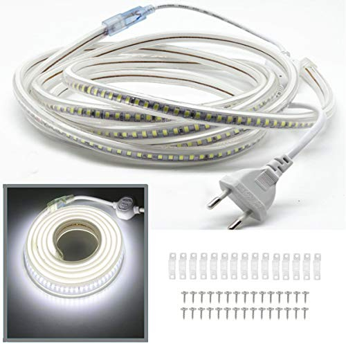 FOLGEMIR 2 Meter Kalt Weiß LED Band, 2835 SMD 144 Leds/m Lichtleiste, 220V 230V LED Strip, sehr helle Beleuchtung - ca. 900 LM pro Meter, IP65 wasserdicht