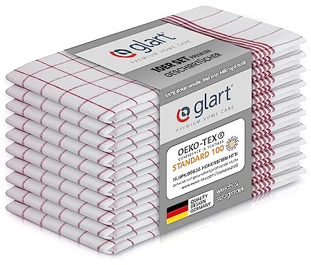 Glart 48KR2 10er Set Geschirrtücher Küchentücher Geschirrhandtücher Küchenhandtücher, 50x70 cm, 100% Baumwolle OEKO-TEX, rot kariert, vorgewaschen