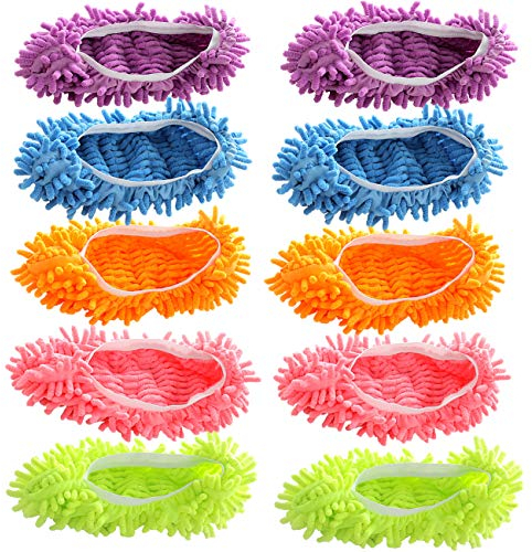 Acronde 5Pairs Multi Function Duster Mop Slippers Shoes Cover Chenille Fiber Washable Foot Socks Floor Cleaning Tools Shoe Cover for Bathroom, Office, Kitchen, House Polishing Cleaning