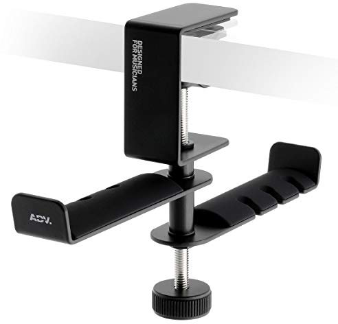 ADV. Dual Suspension Twin Headphone Stand Hanger Steel Metal Headset Holder 360° Rotating Arm Adjustable Hook Clamp Handle Under Desk Table, 3.5mm Jack Mount, Universal Fit All Headphones, [Black]