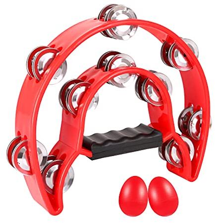 EASTROCK Tambourine Half Moon Tamburin,Hand Halbmondförmiges Schellenring mit 20 verchromte Schellen für Anfänger,Student.Schlaginstrument Musik Zweireihige Metall Jingles für KTV Party(Doppel,Rot)