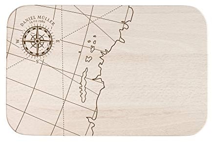 Casa Vivente Frühstücksbrett aus Holz mit Gravur, Personalisiert mit Name und Datum, Motiv Kompass, Dekoratives Küchenbrett zum Geburtstag