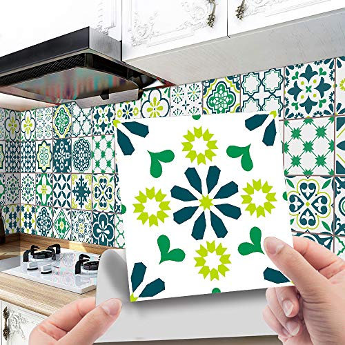 Hiser Adhésive Décorative à Carreaux pour Salle de Bains et Cuisine Stickers Carrelage, 24 Pièces Style marocain rétro de Luxe léger Imperméables Auto-adhésifs Décoration (Vert,15x15cm)