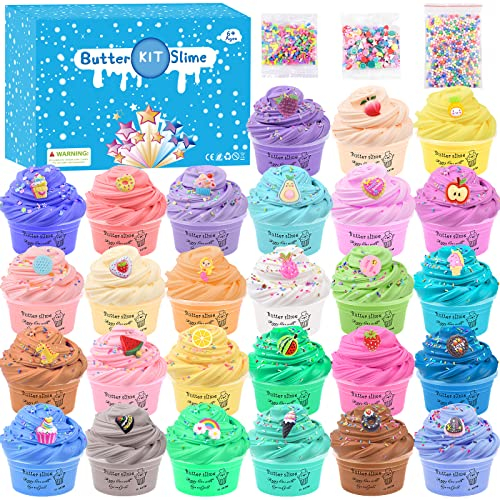 Fluffy Butter Slime Making Kit, 27 Pack, with Candy Ice cream Fruit Etc, Cheap Charms Scented Slime Bulk for Kids Party Favor, Stress Relief Toy for Girls and Boys 6-12, Soft and Stretch, Bag Fillers
