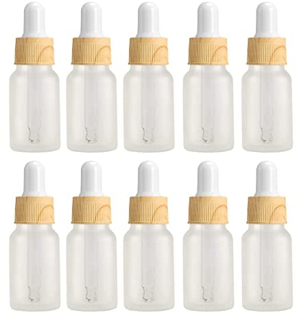 JamHooDirect 10Pcs, 10ml Glass Dropper Bottles with Dropper Pipettes, Mini Empty Dropper Bottles for Essential Massage oils/Chemical Liquid (frosted clear/wood grain plastic cap)