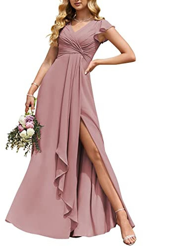Rüschenärmel, Brautjungfernkleider, hoch, niedrig, Chiffon, plissiert, V-Ausschnitt, formelles Kleid für Damen, Dusty Rose, 36