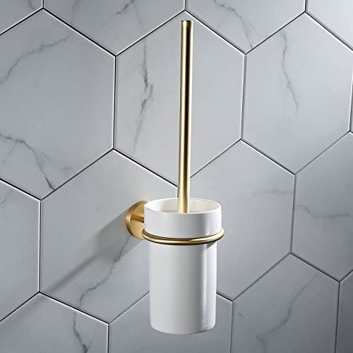 KLZUOPT Exquisite Bathroom Shelves Bathroom Hardware Set, All Copper Brushed Gold Mobile Phone Rack, Toilet Brush, Towel Ring, Hair Dryer, Beard Knife Holder (Color : Toilet Brush)