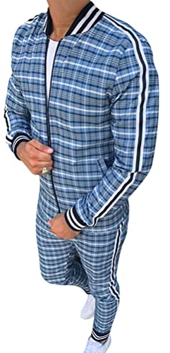 Oanviso Freizeitan-Set Herren Langarm Kariertes Trainingsanzug Sportanzug mit Reißverschluss und Tasche Jogginganzug Slim Fit Männer Sweatjacke Trainingshose Karierter Zweiteiliger Sets B01 L