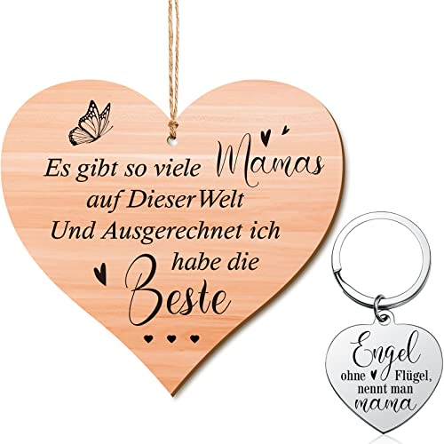 Mama Geschenk Set inklusive Beste Mama der Welt Holzschild mit Organza Beutel und Engel ohne Flügel Schlüsselanhänger in Herzform Geschenkideen für Muttertag Weihnachten Geburtstag