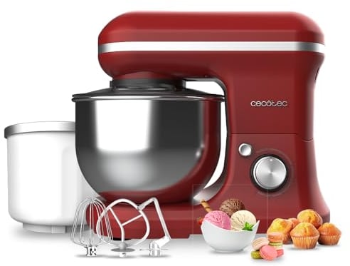 Cecotec Batidora Amasadora Cecomixer Merengue 5L 1200 Ice-Cream Rojo, 1200 W, 5 Función y Hielo, Bol de Acero de 5 L y Accesorios para Batir y Amasar, Incluye Función para Hacer Helado