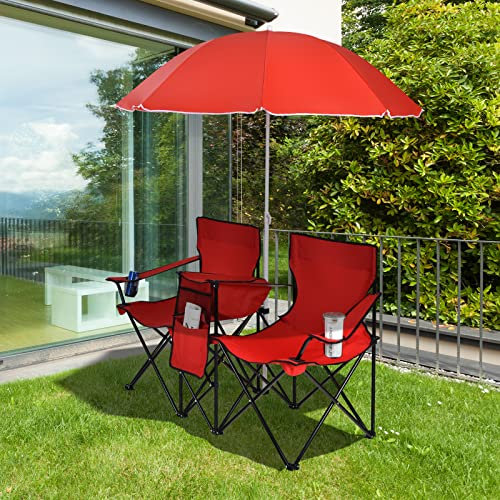 SPOTRAVEL Double Camping Chair, Folding Loveseat Chairs with Umbrella and Carrying Bag, Outdoor Portable Picnic Shade Chair for Fishing, Traveling and Hiking (Red)