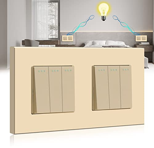 BSEED Interruttore della luce doppio a 3 vie, 2 vie, interruttore della luce a incasso, interruttore a parete, interruttore da incasso, interruttore per soggiorno, cucina, ufficio, oro 157 mm