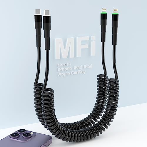 Spiralkabel USB C auf Lightning Kabel, Apple CarPlay Kabel MFi Zertifiziert iPhone Ladekabel mit Datenübertragung, Kurz Spiral Einziehbar Auto Kabel für iPhone 14 13 12 11 8 XS XR iPad, Schwarz 2 Pack