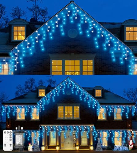 LITOHOM Icicle Outdoor Christmas Lights, 460LED 17.5M/57ft Blue White String Lights with IP44 Waterproof/Remote/8 Modes/Memory/Timer for Outdoor Decor