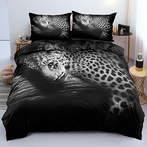 YASMENG 3D Bettwäsche 135x200 4teilig Leopard Tiermotiv Grau Blau Bettbezug Set Weich Mikrofaser Bettwäsche für Geschenke Zimmer Deko mit Reißverschluss und 2 Kissenbezüge 80x80 cm