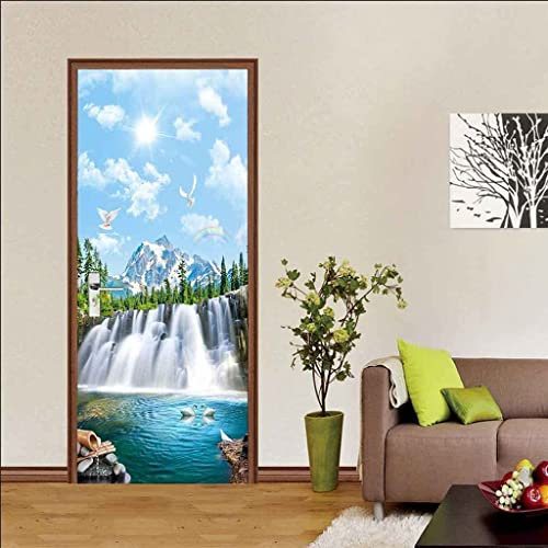 Stickers 3D Porte Poster Paysage De Cascade De Ciel Bleu 80 X 200 Cm Auto-Adhésif Papier Peint Porte Trompe L'Oeil Pour Chambre Salon Décoration De La Maison Stickers Muraux Imperméable Stickers