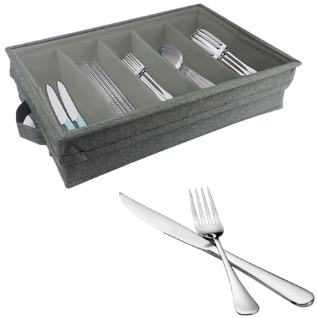 Tefola Boîte de rangement pour couverts en argent sterling avec 4 séparateurs réglables et couvercle amovible transparent, bac de rangement tiroir pour cuisine, salon, chambre à coucher et débris