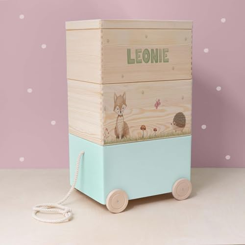 hellomini Personalisierte Spielzeugkiste aus Holz zur Aufbewahrung - Stapelkiste Holz - Spielzeugkiste Kinderzimmer - Personalisiertes Geschenk für Kinder (Fuchs 3er)