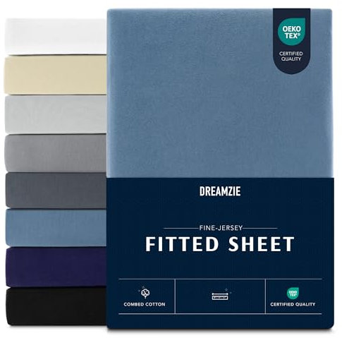 Dreamzie Premium Spannbettlaken 160x200 cm, Spannbetttuch für Dicke Matratzen bis zu 27 cm, Bettlaken 100% Jersey Baumwolle, 150 g/m², Oeko-TEX Zertifiziert - Blau