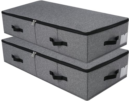 Foldable Under Bed Storage Box with Plastic Support Liner, 6 Handles, Zipper Lid, Blankets Clothes Comforters Storage Bin Organizer for Bedroom and Closet, 90×42×18cm, Black Grey, 2PCS